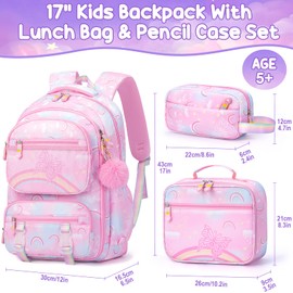 Fimibuke Kids Backpack for School Girls, 3PCS Rainbow & Butterflies Teen Girls Backpack with Lunch Box & Pencil Case, Pink Bookbag School Bag for Kindergarten Elementary Middle School Student Ages 5+