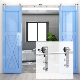 CCJH 12Feet Sliding Barn Door Hardware Kit Stainless Steel Heavy Duty Sliding Track Brushed Nickel for Double Wood Door