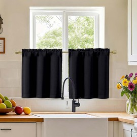 Simplebrand Short Black Cafe Curtains Tier 24 Inch Length 2 Panels Set, Modern Solid Blackout Small Window Kitchen Curtains for Bathroom, Basement, Cabinet, Camper, Black, Each 30" Wx24 L Inches
