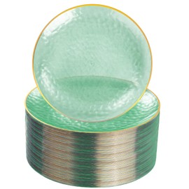 DaYammi 100 Pcs Clear Green Plastic Plates, Gold Hammered Plastic Salad Platos, Green Disposable Platos With Gold Rim,7 Inch Dessert Platos Disposable, Dessert Appetizer Platos
