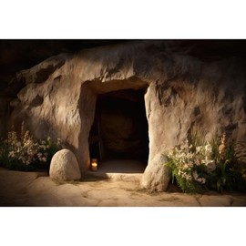 DORCEV Empty Tomb Backdrop 5x3ft Jesus Christ Crucifix Stone Hole Photography Background Holy Light Easter Photo Backdrops Sunset Lord Pray Church Missionary Events Banner Decorations Studio Props