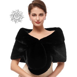 Sakytal Womens Faux Fur Shawls Wraps Black Fur Shawl Fur Stole Sleeveless for Bride and Bridesmaids