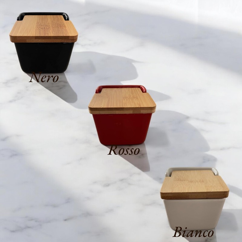 Ceramic Salt Jar with Bamboo Lid Square 8.8 x 8.8