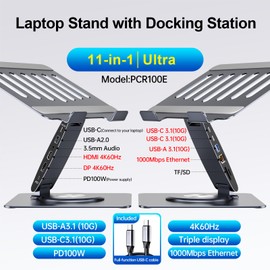 Laptop Docking Station Stand 11-IN-1 Triple Display HDMI DP 4K60Hz Gigabit Ethernet USB3.1 PD100W SD/TF Card Reader Audio 360°Swivel Laptop Stand with USB Hub for MacBookPro/Air/Dell/HP/Surface/Lenovo