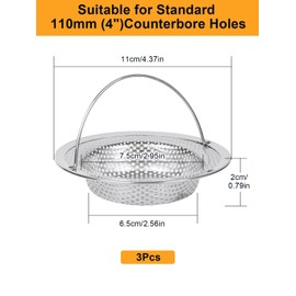 Cokeesun 3 PCS Kitchen Sink Strainer, 11cm Stainless Steel Sink Drain Strainer, Large Sink Sieve with Handle, Anti Clogging Sink Food Catcher Basket for Kitchen Bathroom(Inner Dia 7.5cm)