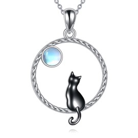 POPLYKE Cat Necklace for Women 925 Sterling Silver Moonstone Pendant Necklace Jewelry gift
