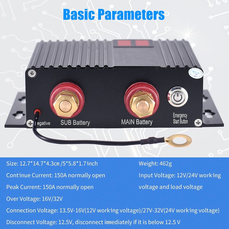Cllena Dual Battery Smart Isolator, 12V/24V Universal 150 Amp Voltage