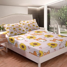 Juego de sábanas bajeras con diseño de corgi para niños y niñas, diseño de dibujos animados, diseño de girasol, tamaño individual, para decoración de recámara, color rosa, 4 piezas