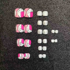 Wedity 24pcs Square Butterfly Fake Toenails Crystal Line Glossy Press on Toe Nails Short Acrylic False Toes Nails Artificial Toenail for Women Girls (C)