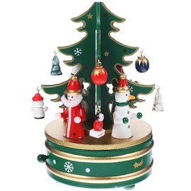 Cabilock Christmas Tree Music Box Decoration Desktop Christmas Wooden Musical Box Figurine with Snowman Rotating Wind Up Wooden Melody Box Ornaments for Holiday Festival