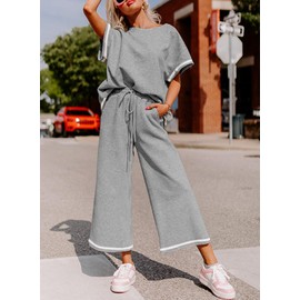 SHEWIN Two Piece Outfits for Women Lounge Sweat Set Casual Short Sleeve Crewneck Shirts Loose Pants Loungewear Matching Pajamas Sets 2025 Summer Trendy Clothes Tracksuits Stripe Grey M