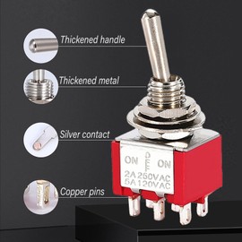 SHUKEFER 5PCS DPDT Mini Toggle Switch 6 Pin 3 Position 6mm Miniature ON/Off/ON Switch MTS-203 for Auto Car Boat Truck Car Dashboard Electronic Devices 6A 125V 3A 250V(Red)