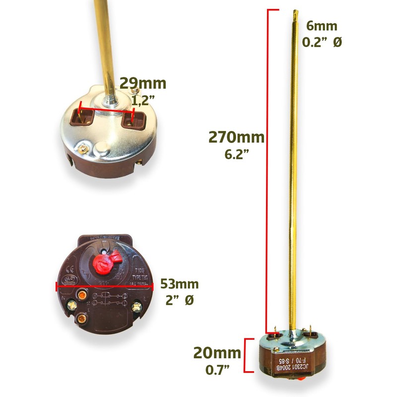 Rod thermostat for electric water heaters and solar reservoirs or
