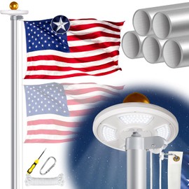 XIFAN Flag Pole Kit with Solar Light, 20 FT 13 Gauge Heavy Duty Aluminum Flagpole in Ground for Outside House, with 128 LEDs Solar Powered Light, Spun American Flag, Residential or Commercial, Silver