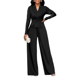 Xinlees Women's Elegant Suit-Style Jumpsuit with V-Neck Design and Pleated Edge Suitable for Business Office Scenes Classic Solid Color Formal Jumpsuit(Black,XXL)