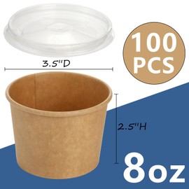 Lyellfe 100 Pack Disposable Paper Bowls with Lids, 8 Oz Heavy Duty Kraft Paper Bowl, To Go Soup Container Dessert Cups for Ice Cream, Yogurt, Cold and Hot