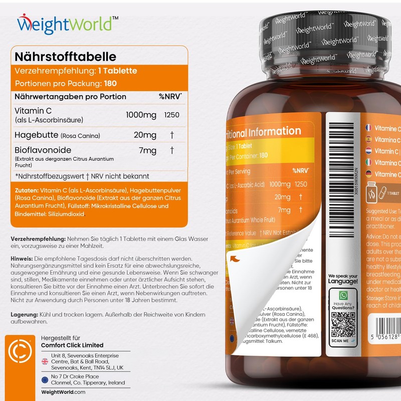WeightWorld Vitamin C 1000mg pro Tablette - Haut, Immunsystem, Stoffwechsel,