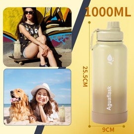 JINLING Thermos Sports Bottle, Vacuum Insulated, Cold Retention, Large Capacity, 304 Stainless Steel, Direct Drinking, 0.6/1 Liter (Yellow, 39.4 fl oz (1,000 ml)