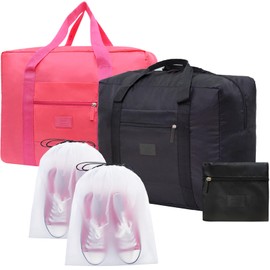 2PCS Travel Bag Foldable Luggage Bag for Spirit Airlines Tote Carry on Duffle Bag Sports Gym Water Resistant Personal Item Bag Weekender Overnight Bags (Red+Black)