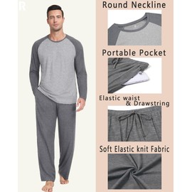 PrinStory Men's Pajama Set Sleepwear Pjs Lightweight Long Sleeve Crewneck Shirts and Bottoms Soft Comfy Sleep Sets Dark Gray US L