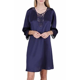 OSCAR ROSSA Women's Luxury Silk Sleepwear hand crafted ¾ sleeves 100% Mulberry Silk Nightgown Sleep Dress, Midnight Blue, XL