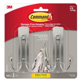 Command - Ganchos dobles grandes de níquel cepillado, 2 ganchos y 2 tiras de comando, ganchos de pared para colgar sin daños con tiras adhesivas, ganchos para colgar para colgar el hogar, soporta