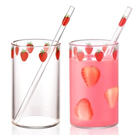 WHJY Set of 2 Strawberry Cups, Kawaii Cup, Anime Cup Strawberry Glasses, Cute Glass Cups Aesthetic for Juice, Milk and Tea, 10oz