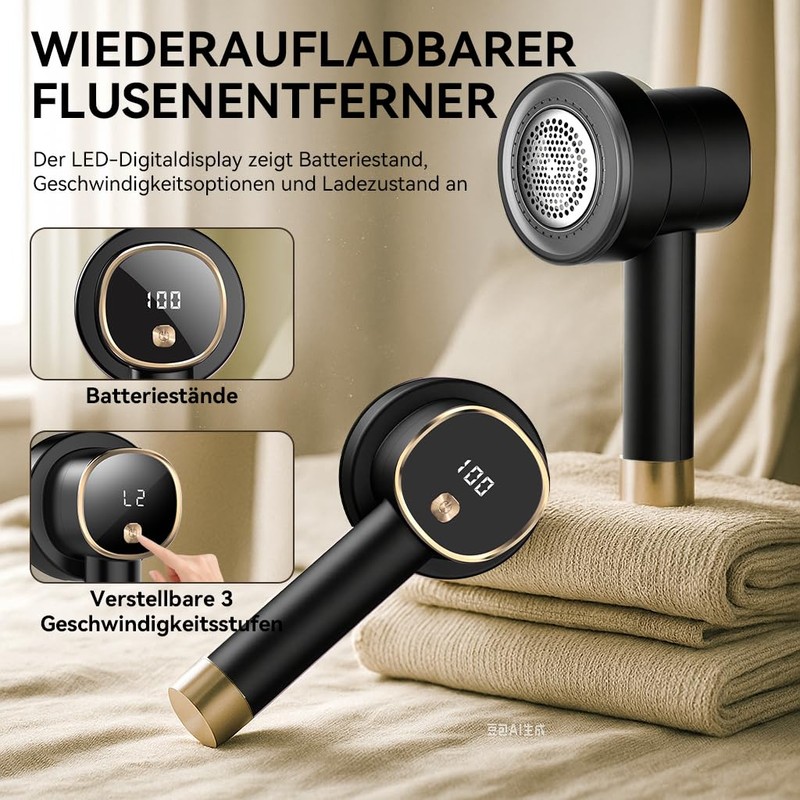 Rechargeable Fabric Shaver, 6-Leaf Blades, LED Display, 3 Speeds