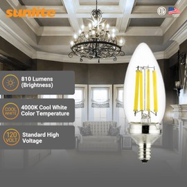 Sunlite 40277 LED Edison B11 Torpedo Tip Chandelier Light Bulb, 7.5 Watts (60W Equivalent), 810 Lumens, Candelabra E12 Base, Dimmable, ETL Listed, Title 20 Compliant, 90 CRI, 4000K Cool White, 12 Pack