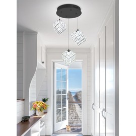 3-Lights Pendants Lightfor Kitchen lsland Chandeliers Dining Room,Square Entryway Light Fixture Hanging Adjustable Height Black Crystal Chandeliers for Bedroom Hallway Foyer