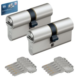 BASI Set of 2 V55 profile double cylinders, 35/45 mm, simultaneous locking, cylinder lock with 5 reversible keys, drill dimple key, picking protection and drilling protection, door cylinder lock