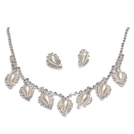 V G S Eternity Fashions Jewelry ~Crystal Rhinestone Teardrop Faux Imitation Pearls Necklace Earrings Jewelry Set Formal Casual for Women