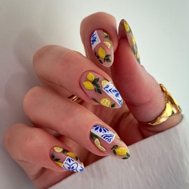 RIICFDD Cute Nails Medium Press on Nails Almond Shape Fake Nails Nude Pink Acrylic Nails Lemon Nails Press ons Artificial Glossy Full Cover Glue on Nails for Women Nail Decoration 24 Pcs