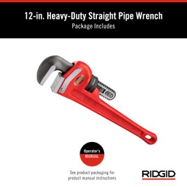RIDGID 31015 Heavy-Duty Straight Pipe Wrench, 12" Sturdy Plumbing Wrench with Self Cleaning Threads and Hook Jaws, Red, Small