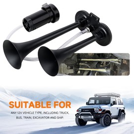 AOLIHAN Train Horns Kit for Trucks, Super Loud Car Air Horn 12V 150db, Truck Horn Dual Trumpet Motorcycle Train Horn with Compressor for Any 12V Vehicles (black double tube horn with wire, 12v)