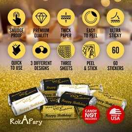 85th Birthday Miniatures Candy Bar Wrapper, (Set of 60) Mini Candy Bar Stickers; 3 Designs: 24 Gold, 24 Black, 12 White, Candy Not Included. Made in USA