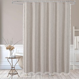 MitoVilla Boho Extra Long Shower Curtain 72 x 84, Tan 84 inch XL Cotton Linen Tassel Fabric Shower Curtain Set with Hooks for Vintage Country Farmhouse Bathroom Decor, Thick & Wrinkle Resistant