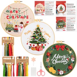 JSRQT 3 Pieces Christmas Beginner Embroidery Kits, Christmas Embroidery Starter Kit, DIY Handmade Cross Stitch Set, Embroidery Cross Stitch Starter Kit for Beginners