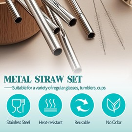 Metal Straw Replacement for Owala Water Bottle 40 oz, 6 Pcs 9.25" Metal Straws Reusable with 2 Cleaner Brush, Short Reusable Stainless Steel Straws, Dishwasher Safe