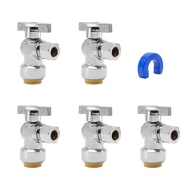 PURAGEIR Angle Stop Valve 5 Pack,1/2" Ptc X 3/8" Compression Water Shut Off Valve,1/2 Inch Pushfit X 3/8 Inch OD Compression Angle Shut Off Valve with Disconnect Clip,Pex, Copper,Cpvc,PE-RT,Brass