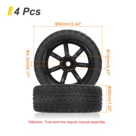 uxcell 4-Pair High-Grip RC Car Tire & Wheel Set for 1/10 Scale On-Road Touring Cars - Soft Rubber Tyres with 12mm Hubs, Black, Type B