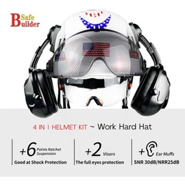 SAFEBUILDER Safety Helmet with Visor Ear Muffs Hard Hats Construction Head Protection OSHA Hardhats Hearing Protection ANSI Z89.1(BG Hardhat with Clear & Tinted Visors B07Earmuffs)
