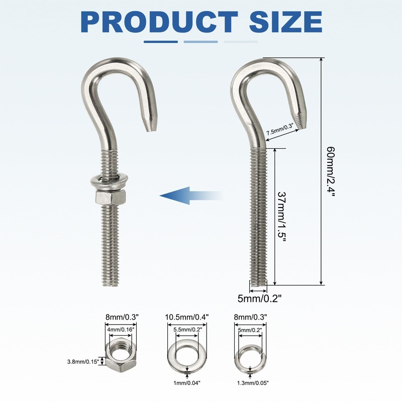 PATIKIL M5 Stainless Steel Eye Bolt, 8 Set Hook Eyelet
