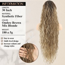 CHRSHN Ponytail Extension, Claw Clip Ponytail Extension for Women Long Ombre Brown Curly Clip in Pony Tails Hair Extensions 30 Inch Synthetic Layered Hairpieces for Women(Ombre Brown Mix Blonde)