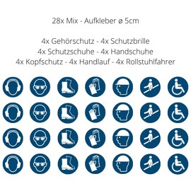 28 Stickers Mix, Diameter 5 cm, Ear Protection, Safety Glasses, Foot Protection, Hand Protection, Head Protection, Handrail, Wheelchair Users, Pack of 4, UV and Weather Resistant, ISO 7010, Mandatory