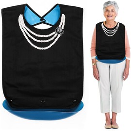 EQLEF Bib with Crumb Tray, Washable Waterproof Foldable Apron Clothing Protector Faux Print Bib for Women Elderly Patients with Crumb Catcher, Black+blue