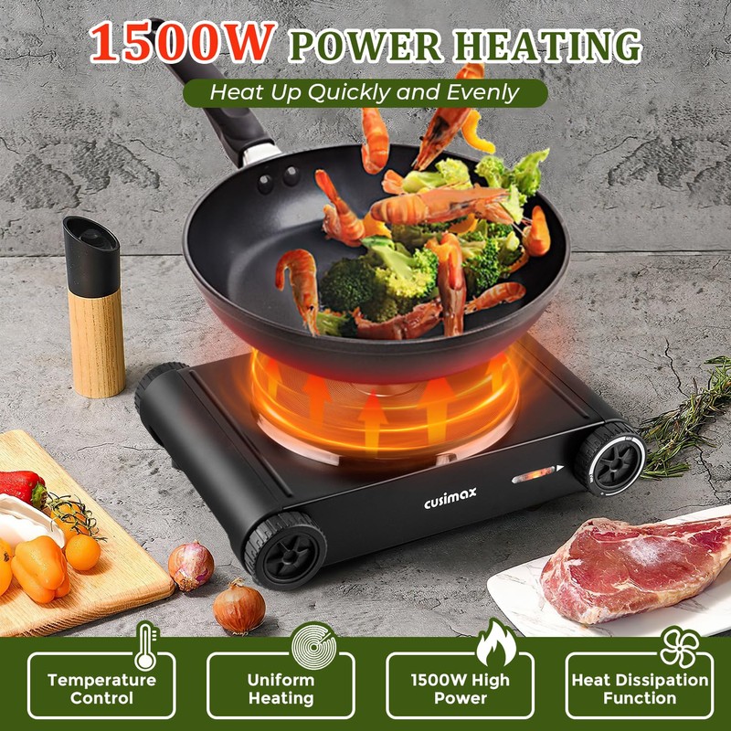 Cusimax Hot Plate,1500W Hot Plate Electric with 7.4″Cast Iron Countertop