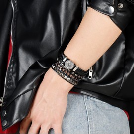 Eigso 2 Pcs Punk Leather Trinity Celtic Knot Bracelets for Men Women Retro Vintage Viking Cuff Wristbands for Man Woman