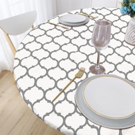 Rakila Round Vinyl Elastic Waterproof Tablecloth Fitted Flannel Backed Table Cover Fits 45" - 56" Round Table for Camping, Dining, Outdoor, White Morocco