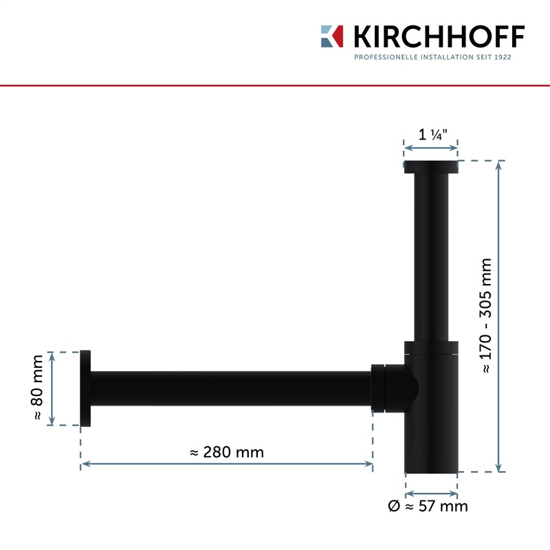 KIRCHHOFF Design Siphon, Matt Black Drain, Drain Fitting for Sink